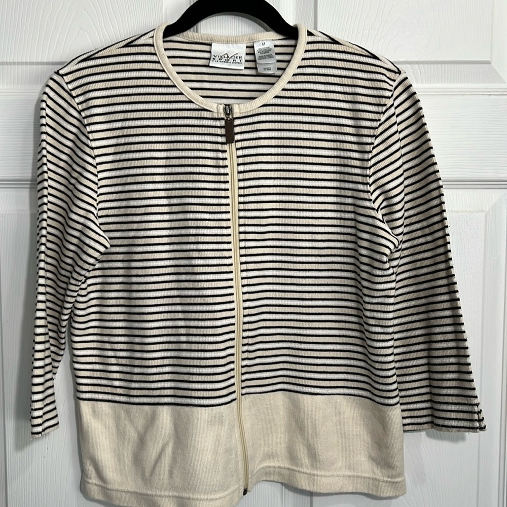 Villager Sport Women’s full zip sweater - Striped Ivory & Black - Size Medium